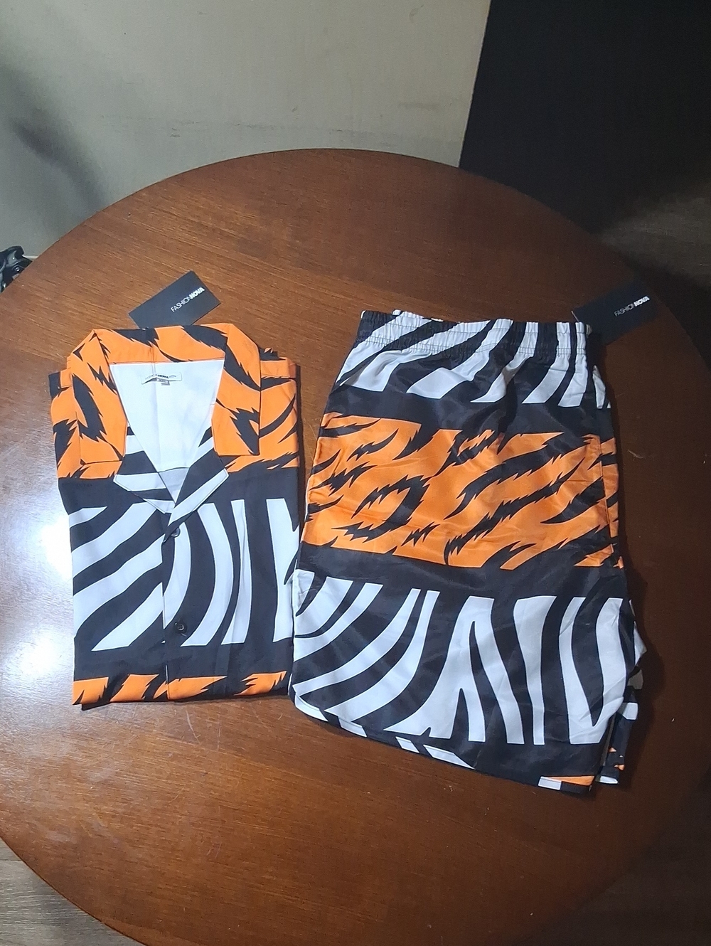 Bold Orange & White Patterned Short Sleeve Shirt and Trunks set
